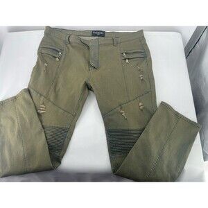 Balmain Paris Disstressed Biker Moto Zipper  Jeans Pants Size 42 Green Denim XL
